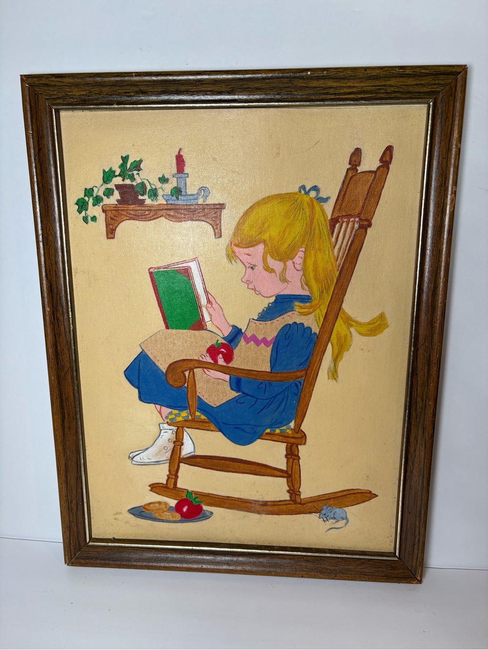 Vintage Painting Portrait Girl Child Reading Book Canvas Vintage Wall Art Chair